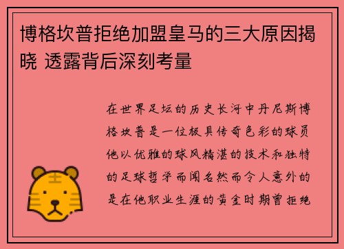 博格坎普拒绝加盟皇马的三大原因揭晓 透露背后深刻考量