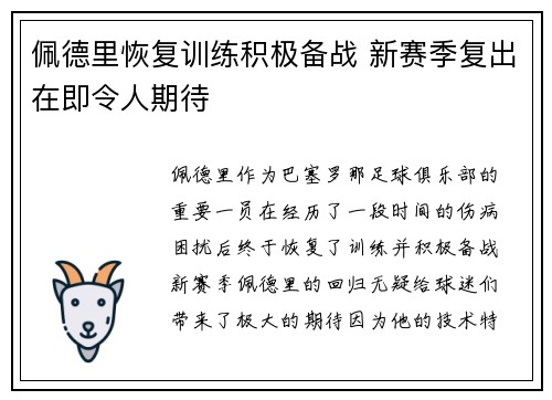 佩德里恢复训练积极备战 新赛季复出在即令人期待